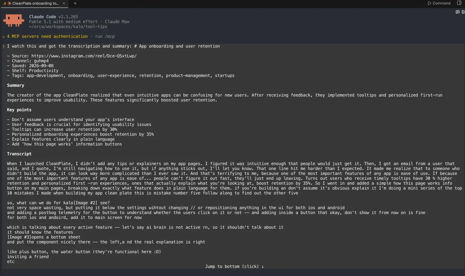 Claude Code in an Orca worktree with the Scrollshelf AI copy pasted in: source, summary, key points, transcript, and my instructions for Kalo