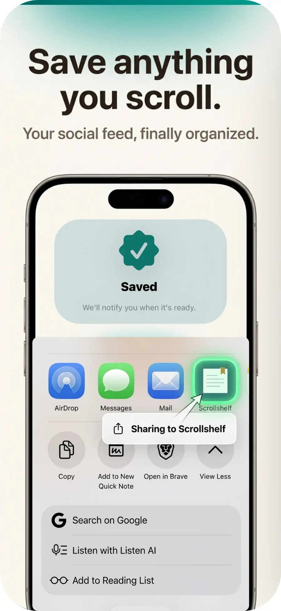 Scrollshelf in the iOS share sheet: Save anything you scroll, your social feed finally organized