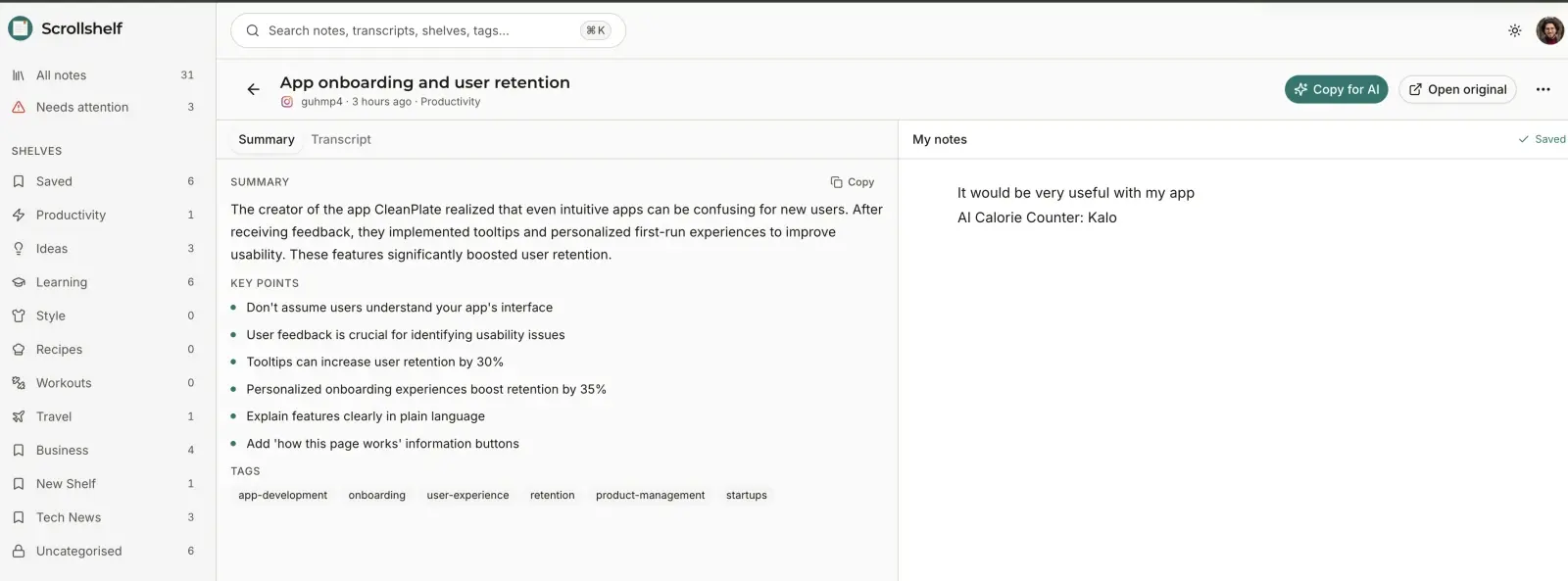 Scrollshelf web: the saved reel with its summary, key points, tags, my notes, and the Copy for AI button
